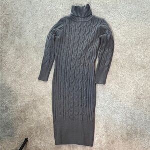 Gray Cable Knit Turtleneck Sweater Dress